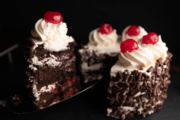 A slice of classic black forest cake.